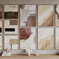 Abstract Art Paintings with Neutral Tones on Wall and Decorative Shelf with Vases