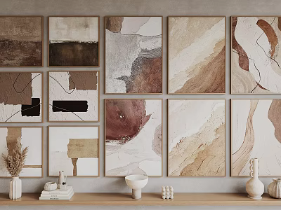 Abstract Art Paintings with Neutral Tones on Wall and Decorative Shelf with Vases 3d model