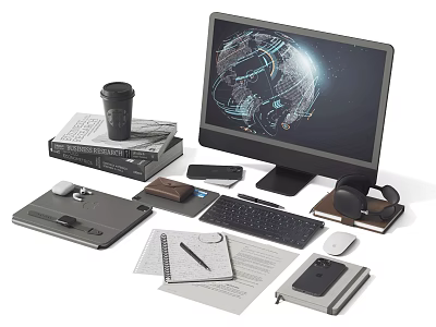 Complete Desktop Computer Setup With Monitor Keyboard Mouse Headphones Smartphone Books And Coffee Cup 3d model
