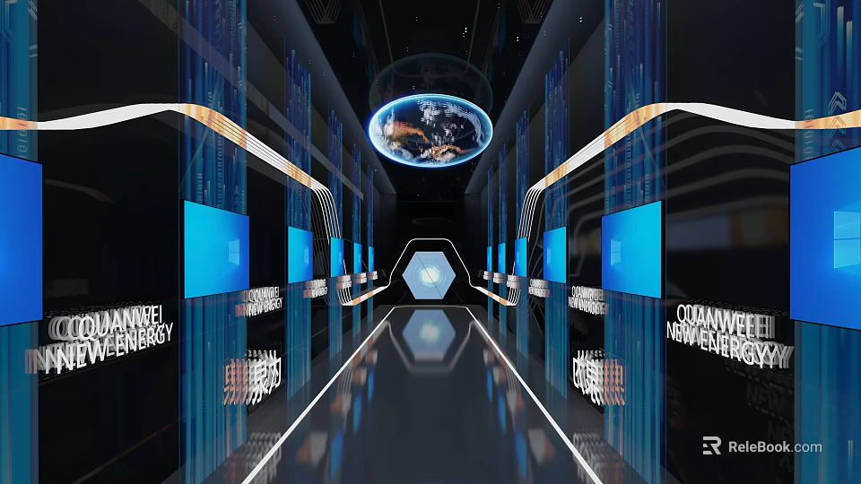 Futuristic Elevator Aisle Design With Blue LED Screens Globe Projection Reflective Floor And Modern Lighting 3d model 