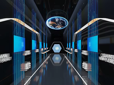 Futuristic Elevator Aisle Design With Blue LED Screens Globe Projection Reflective Floor And Modern Lighting 3d model