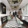 Elegant Modern Restaurant Interior With Stylish Tables Chairs Ceiling Lights And Decorative Wall Art