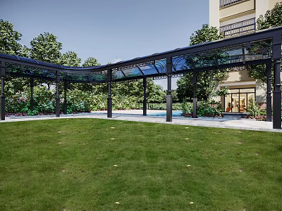 Large Outdoor Canopy With Black Metal Frame Transparent Roof Over Green Lawn And Lush Trees 3d model