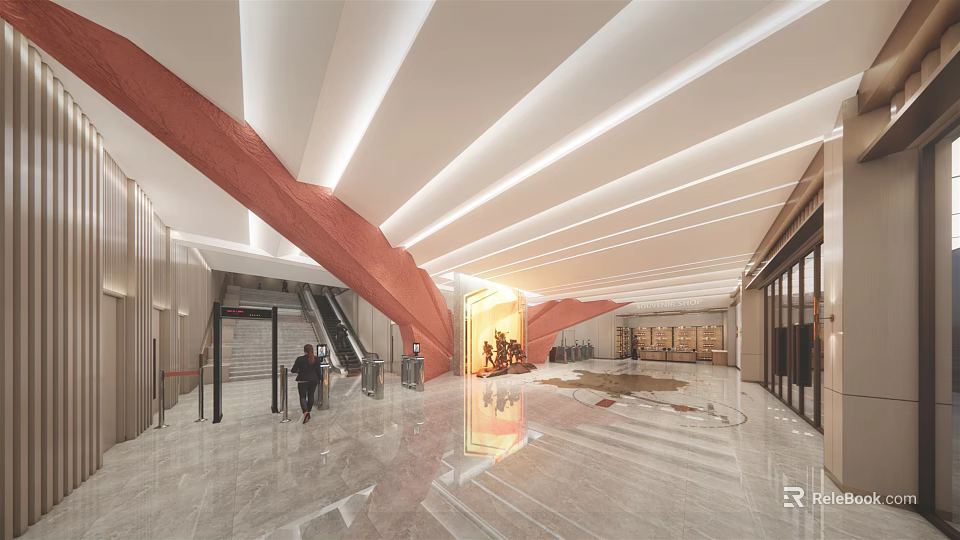 Modern Cultural Center Lobby With Red Curved Structure Bright Lighting And Marble Floor 3d model 