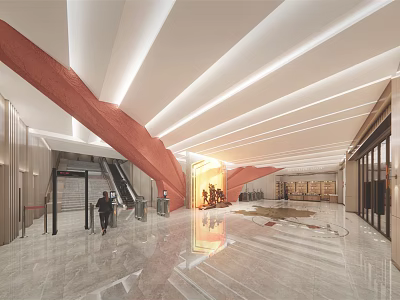 Modern Cultural Center Lobby With Red Curved Structure Bright Lighting And Marble Floor 3d model