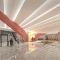 Modern Cultural Center Lobby With Red Curved Structure Bright Lighting And Marble Floor