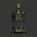 Decorative Vintage Lantern With Intricate Gold Blue Patterns Arched Windows And Golden Finial Top