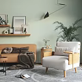 Brown Sofa And Coffee Table Set With White Armchair Light Green Wall And Potted Plant
