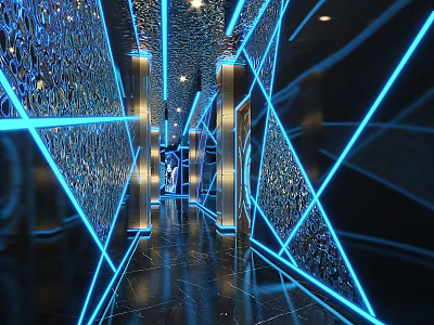 Modern KTV Interior Design With Blue Neon Lights And Geometric Mirror Decorations 3d model