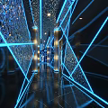 Modern KTV Interior Design With Blue Neon Lights And Geometric Mirror Decorations