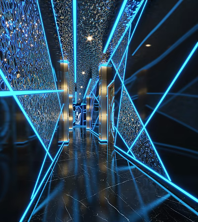 Modern KTV Interior Design With Blue Neon Lights And Geometric Mirror Decorations 3d model
