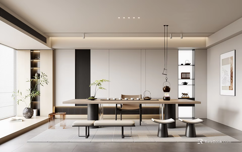 Modern Tea Room With Long Table Seats And Plants 3d model