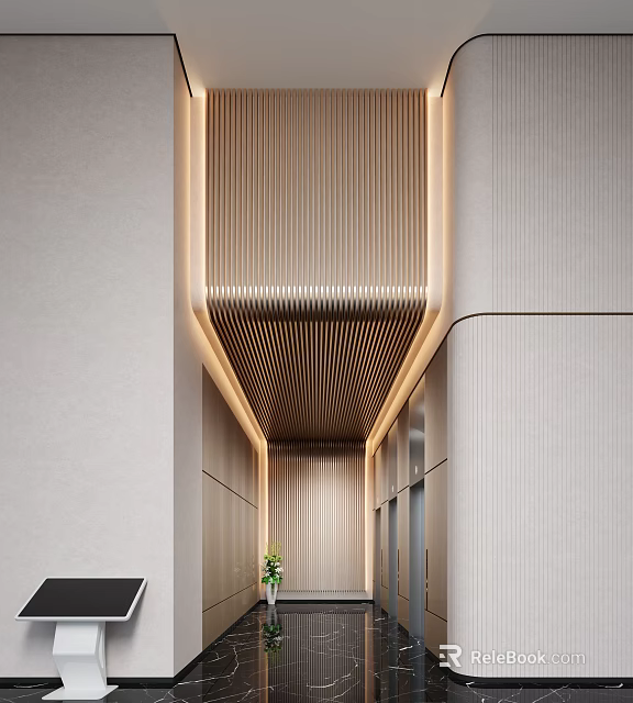 Modern Elevator Corridor Design With Striped Ceiling Lighting And Greenery 3d model