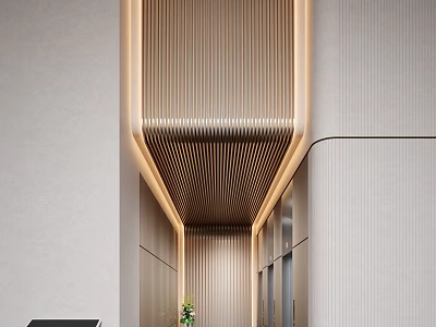Modern Elevator Corridor Design With Striped Ceiling Lighting And Greenery 3d model