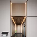 Modern Elevator Corridor Design With Striped Ceiling Lighting And Greenery 3d model