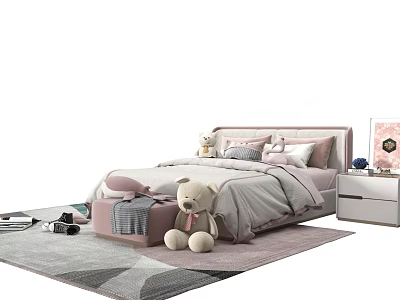 Pink And Gray Kids Bed With Soft Bedding Plush Teddy Bear Nightstand And Rug 3d model