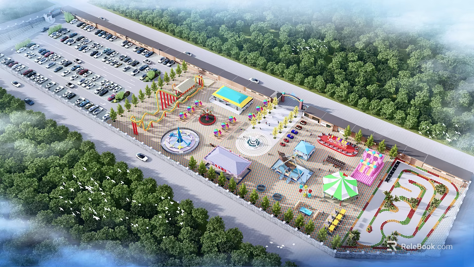Family Friendly Amusement Park With Outdoor Rides Parking Lot And Green Trees 3d model 