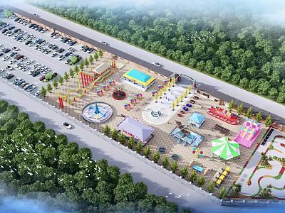 Family Friendly Amusement Park With Outdoor Rides Parking Lot And Green Trees 3d model