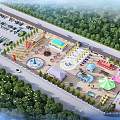 Family Friendly Amusement Park With Outdoor Rides Parking Lot And Green Trees
