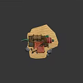 Cartoon Scene With Multi Level Wooden Building Red Roofs Green Vines Wooden Platform And Stones