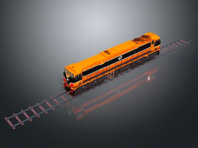 Orange Model Train on Railway Track with Reflective Surface and Gray Background 3d model