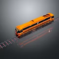 Orange Model Train on Railway Track with Reflective Surface and Gray Background