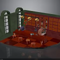 Bar Interior Scene With Red Counter Stools Yellow Pendant Lights Green Walls And Arched Windows