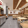 Restaurant Interior With Service Counter Washbasin Tables Chairs Menu Boards Wooden Ceiling And Pendant Lights