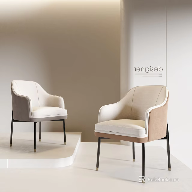 Elegant Modern Beige Upholstered Dining Chairs With Armrests Metal Legs On White Display Platform 3d model 