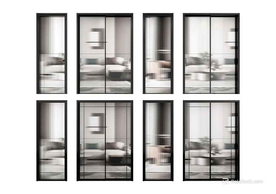 Modern Sliding Doors With Black Frame Glass Design For Interior Partition 3d model