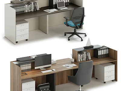 Modern Office Desk Setup With Wooden Top Bookshelf File Cabinet Monitor And Chair 3d model