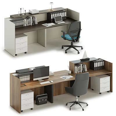 Modern Office Desk Setup With Wooden Top Bookshelf File Cabinet Monitor And Chair 3d model