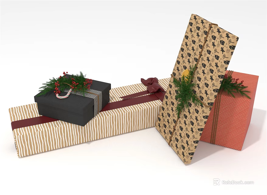 Festive Wrapped Gift Boxes With Striped Patterns Bows And Greenery Decorations 3d model 