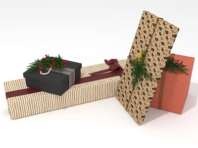 Festive Wrapped Gift Boxes With Striped Patterns Bows And Greenery Decorations 3d model