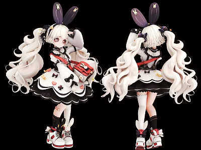 Anime Style Woman With Long White Hair Rabbit Ears Black White Dress Red Accents Sneakers 3d model