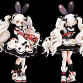 Anime Style Woman With Long White Hair Rabbit Ears Black White Dress Red Accents Sneakers