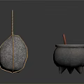 Traditional Household Items Rope Bound Stone Mortar And Black Cauldron With Green Liquid