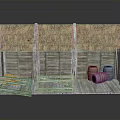 Traditional Thatched Roof Wooden Shed With Three Connected Sections Barrels And Wooden Cart