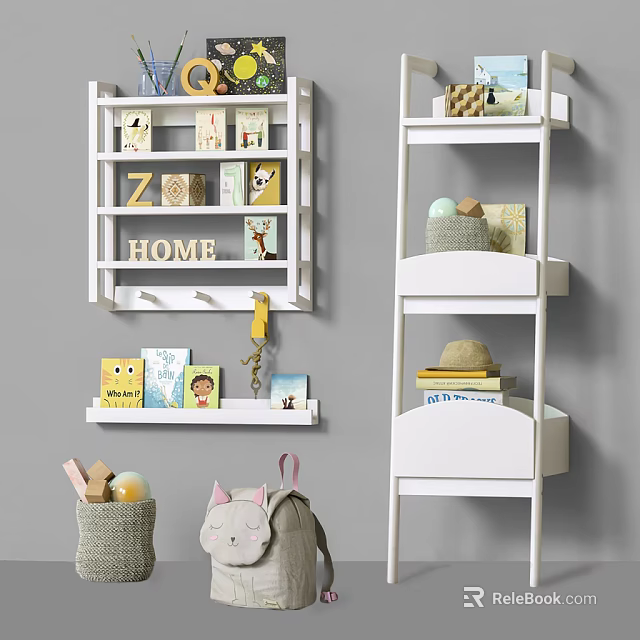 White Multi Tiered Shelving Unit With Books Letter Decor Storage Baskets And Decorative Items 3d model 