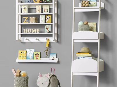 White Multi Tiered Shelving Unit With Books Letter Decor Storage Baskets And Decorative Items 3d model