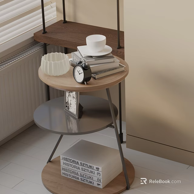 Modern Tiered Side Table With Wooden Top Metal Frame White Cup Alarm Clock And Books 3d model 