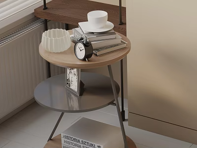 Modern Tiered Side Table With Wooden Top Metal Frame White Cup Alarm Clock And Books 3d model