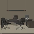 Modern Dark Wood Office Desk With Black Brown Chairs Apple Computer And Hanging Lamp