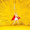 Game And Movie Character In Red Cape With Golden Costume Holding Sword On Yellow Background