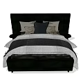 Double Bed With Black Upholstered Headboard Multiple Colored Pillows And Gray White Striped Comforter 3d model