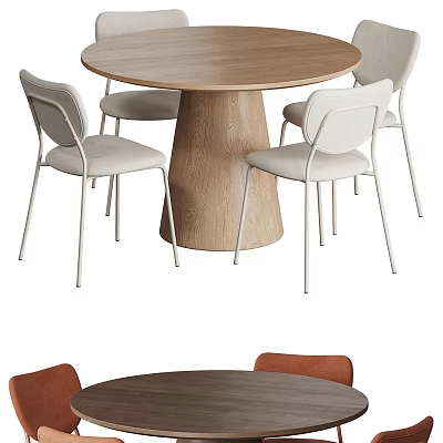 Modern Round Wooden Dining Table With White Chairs And Stylish Base 3d model