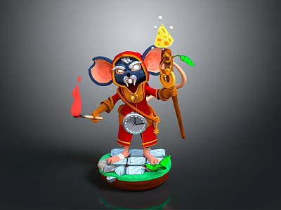 Game Movie Character Mouse In Red Outfit On Green Platform With Cheese Staff And Flame 3d model