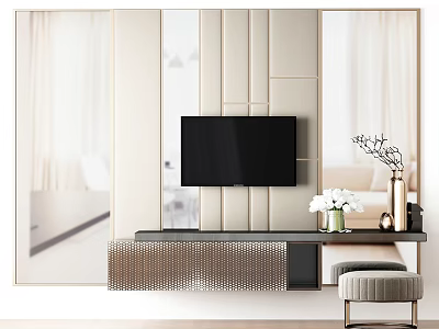 Modern TV Wall Cabinet Design With Wall Mounted TV White Flowers Vase And Stool 3d model