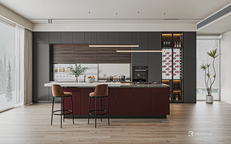 Modern Dark Wood Sideboard In Open Kitchen With Island Counter And Bar Stools 3d model 