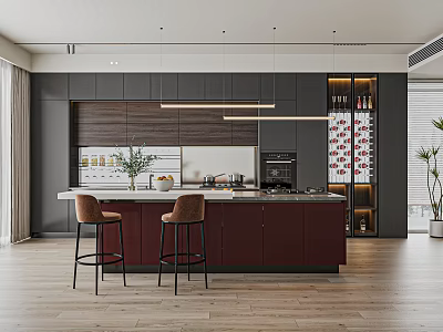 Modern Dark Wood Sideboard In Open Kitchen With Island Counter And Bar Stools 3d model